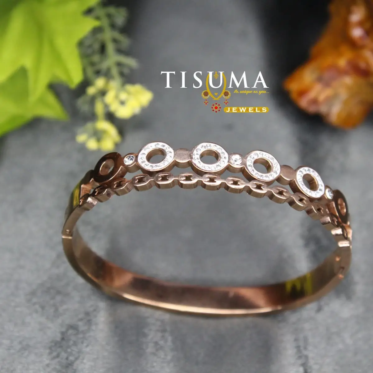 Dual Row Pavé Halo Circle and Curb Chain Rose Gold Anti-Tarnish Kada Bangle